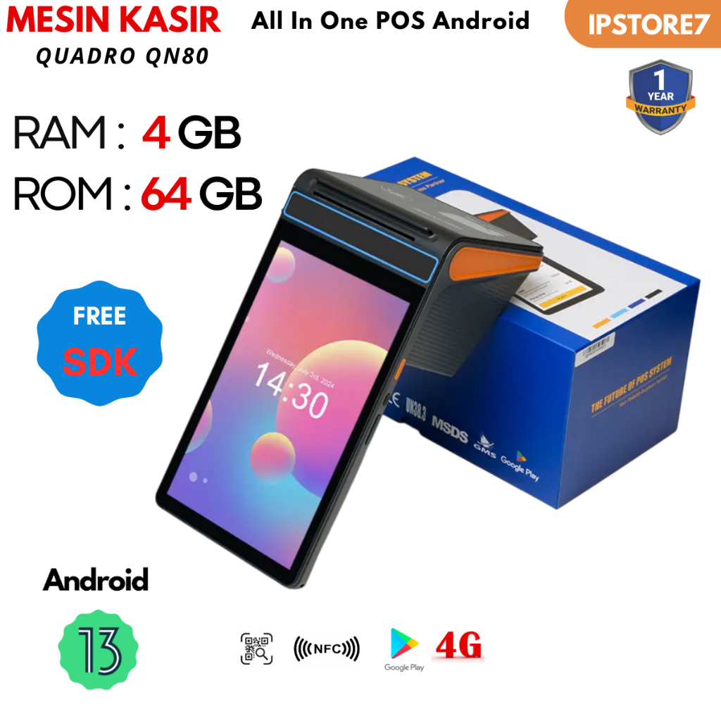Mesin Kasir Tablet POS 8 Inch Quadro QN 80R Android 13 RAM 4GB + 64GB 4G Built In Printer Thermal 58