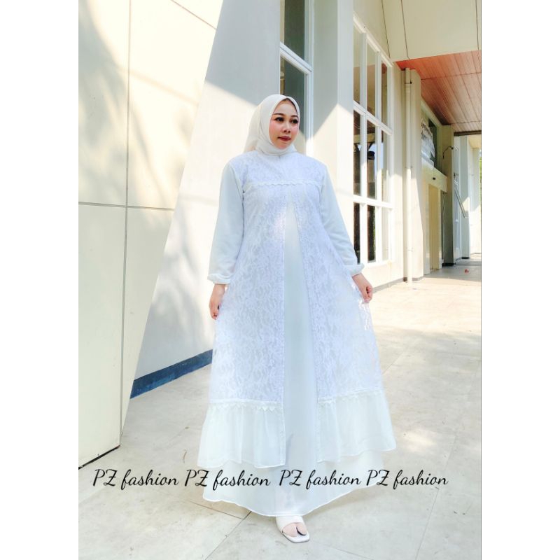 Gamis Putih Seruty Babydoll barukat mewah full puring elegan size kecil sampai jumbo model terbaru 2