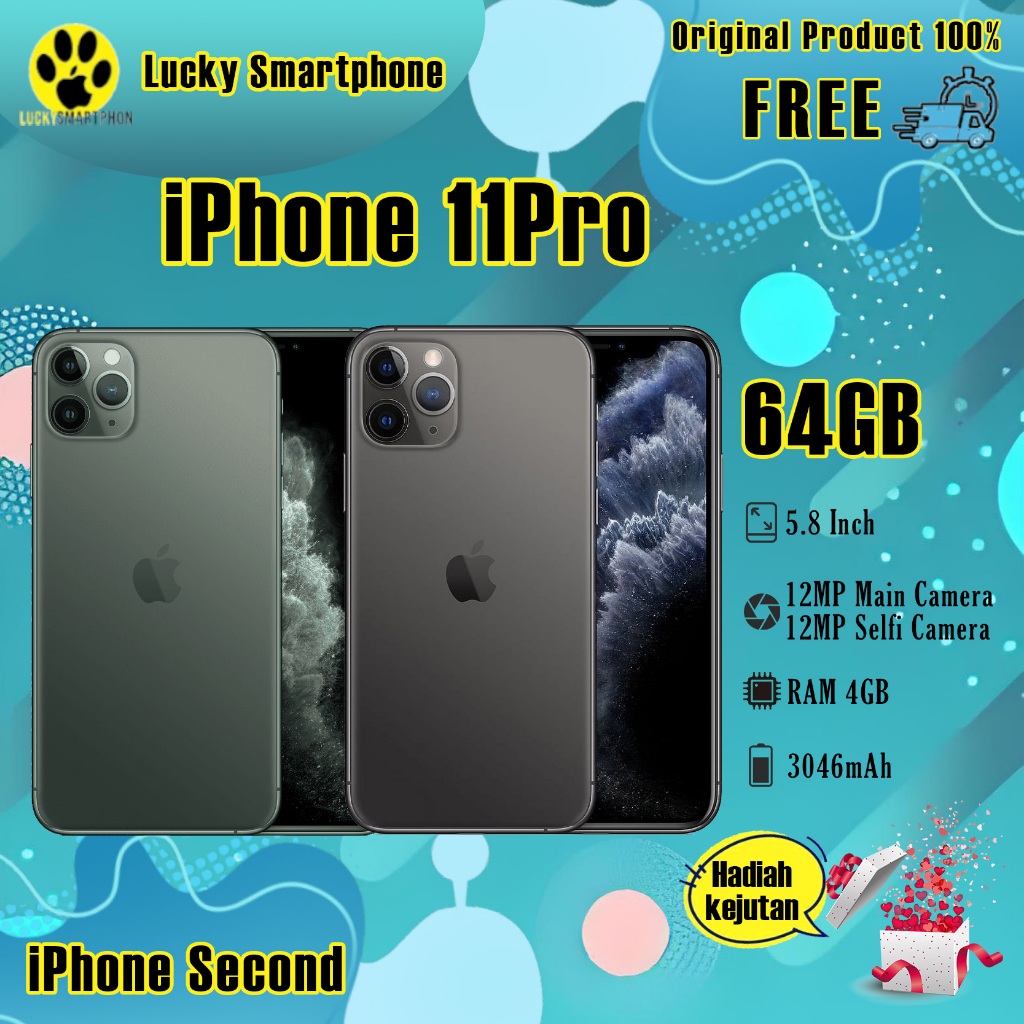 iPhone 11Pro 64GB Second Original100% Bekas 5.8"OLED-Ori Fullset Mulus Normal Like New Smartphone