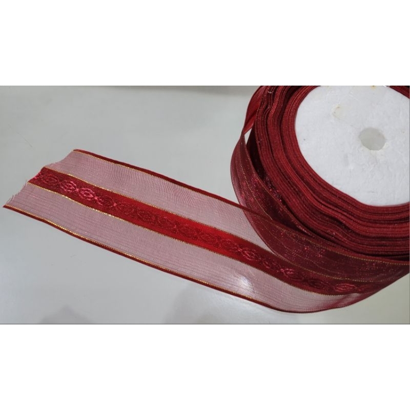 

Pita Organdi Motif emas 4cm 38mm. Pita Organza Motif . 20 yard . Warna