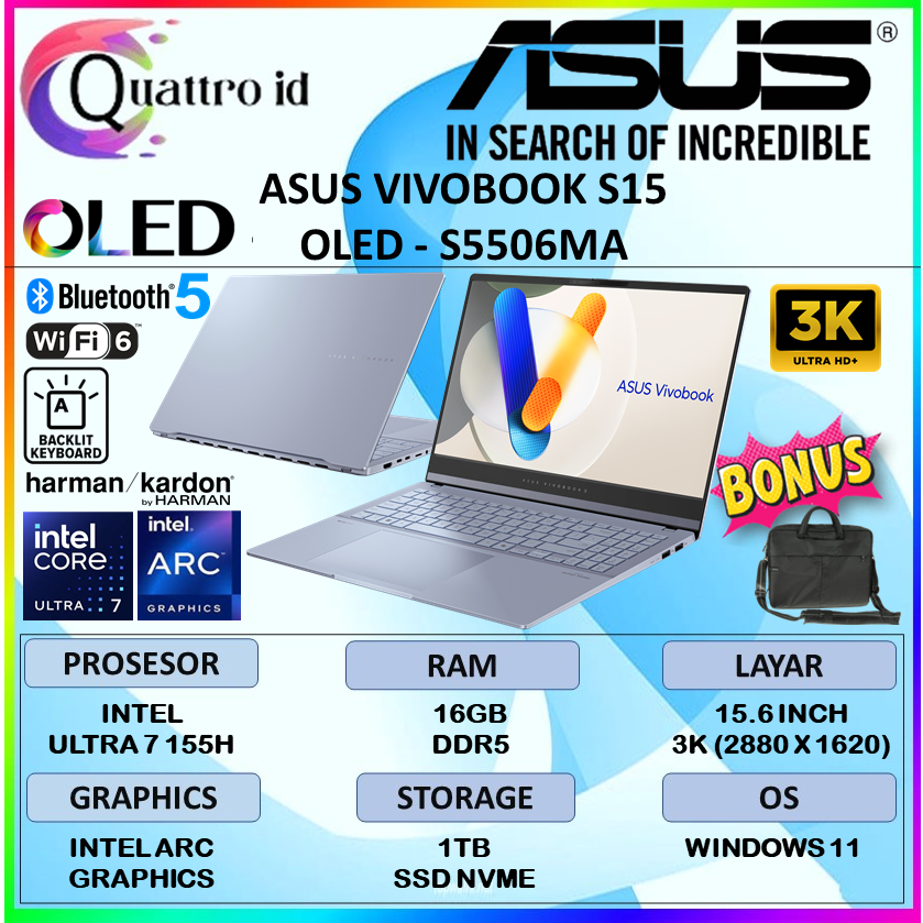 Laptop Ultrabook Asus Vivobook S15 S5506MA Intel Ultra 7 155H 16GB Ssd 1TB Layar 15.6 QHD 3K OLED Wi