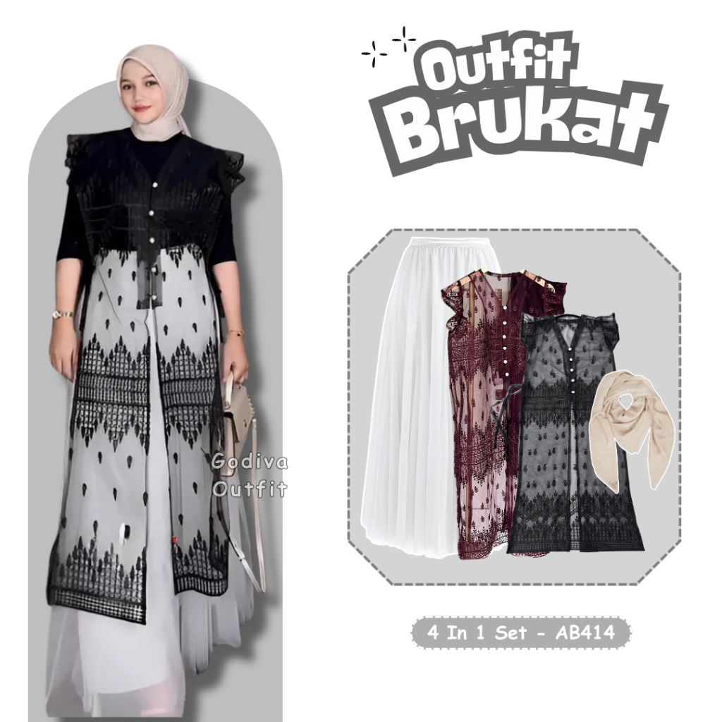 Godiva Outfit One Set Brukat Kondangan 4 in1 - OneSet Wanita OOTD Kekinian( Bella Square+Manset+Bruk