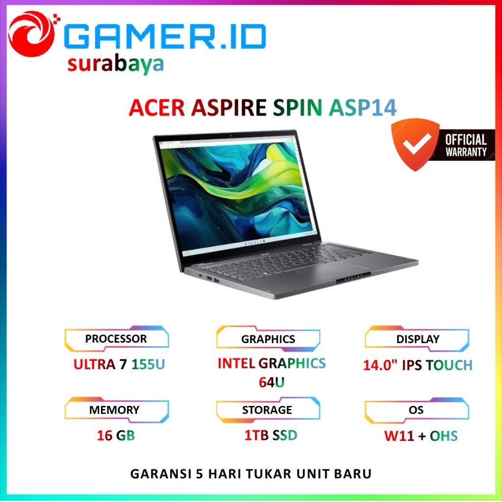 LAPTOP ACER ASPIRE SPIN ASP14 TOUCH ULTRA 7 155U - 16GB 1TB 14"WUXGA PEN 2IN1