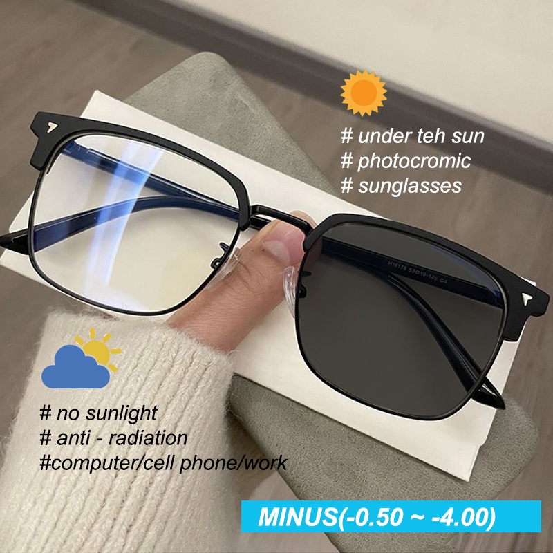 Kacamata Minus Anti Radiasi Photochromic Pria Wanita Kacamata Kotak Setengah Bingkai Logam Bisnis Bi