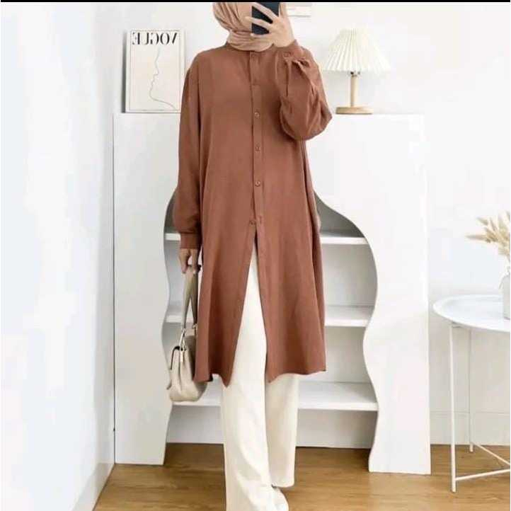 atasan tunik panjang wanita polos full kancing depan semi gamis wanita long tunik terbaru