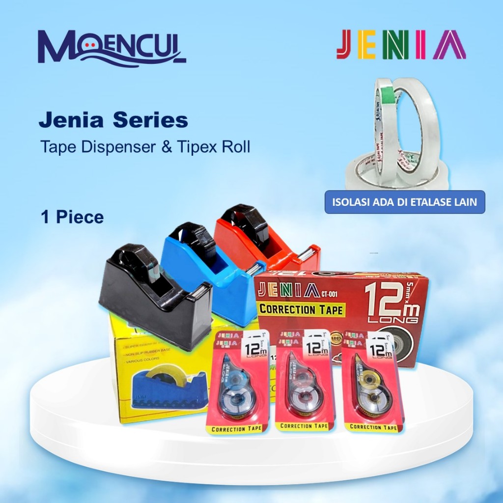Tape Dispenser isolasi Jenia / Tape Cutter / Tipex Kertas / Corrextion Tape / Tipex Roll 12 Meter
