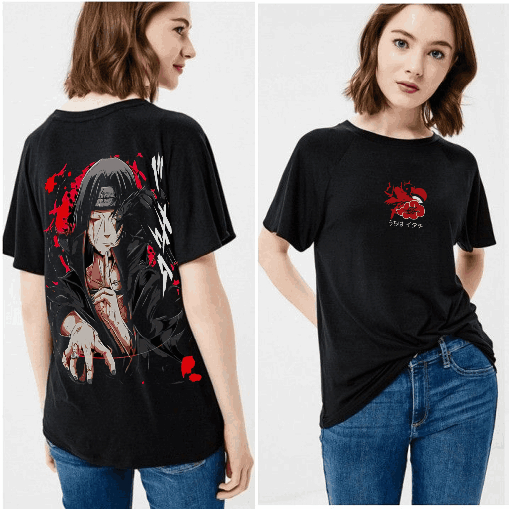 Kaos Anime Naruto Itachi Uchiha Akatsuki | Desain Depan Belakang Keren | Kaos Distro Pria Wanita Uni