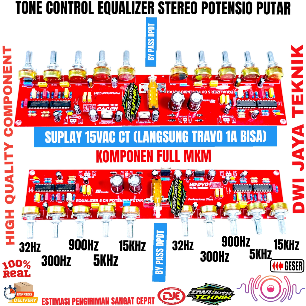Tone Control Equalizer 5 channel Stereo Potensio Putar Equalizer 5 ch
