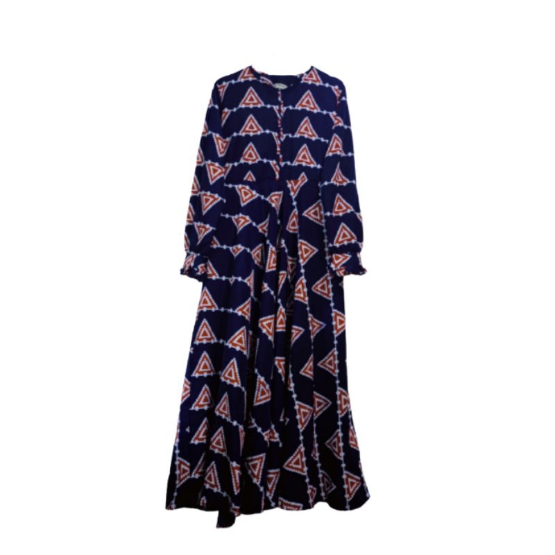 Gamis Motif Etnik Navy - Dress Muslim Longgar Lengan Panjang