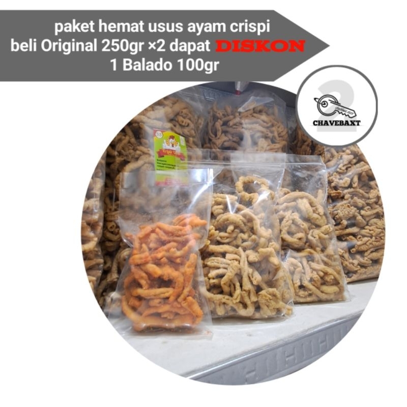 

paket hemat usus ayam premium original 250gr beli 2 gratis usus pedas asin 100gr