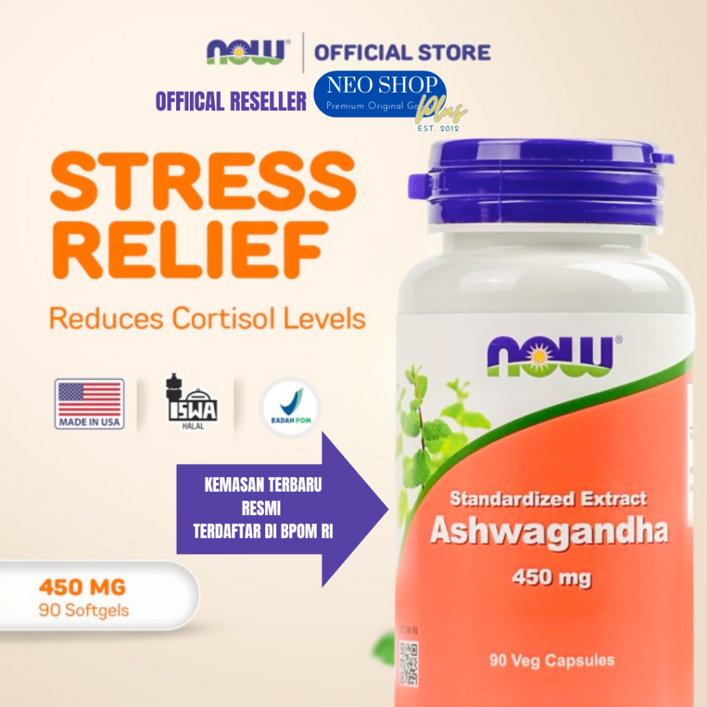 (BPOM) NOW Foods Ashwagandha 450 mg aswaganda ashwaghanda 90 Veg Capsules