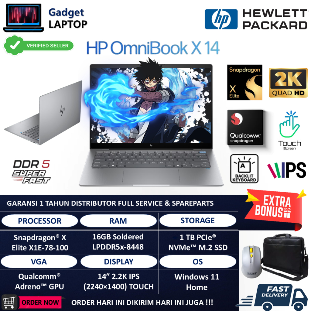 Laptop HP OmniBook X 14 SNAPDRAGON X ELITE X1E78100 16GB DDR5 1TB 2.2K Touchscreen Windows 11 Home