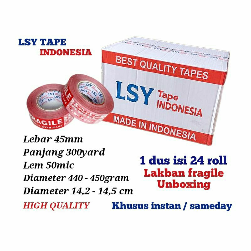 

lakban fragile unboxing mix 300yard 1 dus isi 24 roll LSY TAPE INDONESIA ( CBM )
