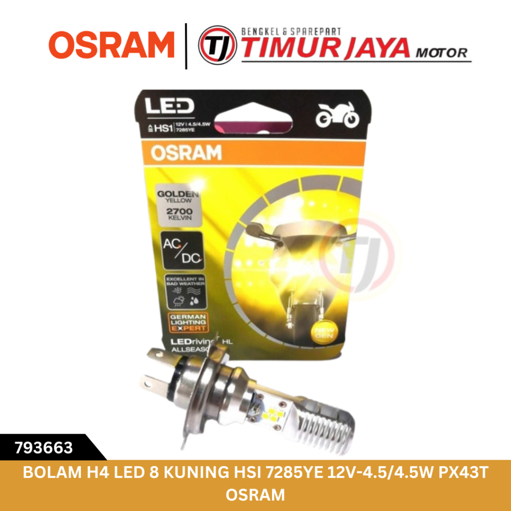 BOLAM LAMPU H4 LED 8 KUNING HSI 7285YE 12V - 4.5 / 4.5W PX43T OSRAM KODE 793663 rk T16E/2R56