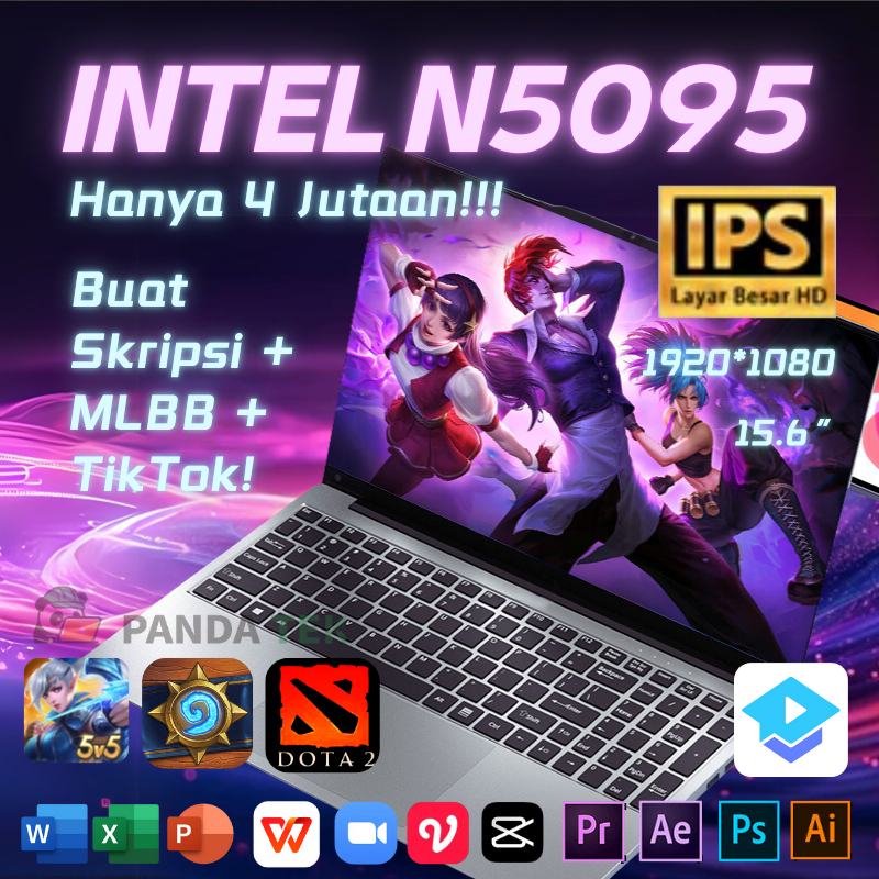 PandaTek Laptop 4 jutaan dengan Prosesor N5095 100%Baru 15.6" IPS FHD Fingerprint anak untuk belajar
