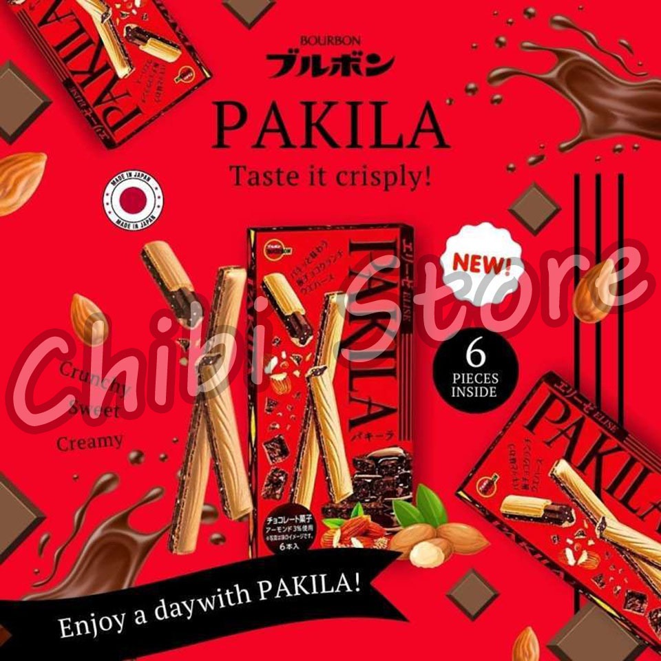 

Bourbon Elise Pakila Wafer Japan - Biscuit Wafer Stick Chocolate Almond - Biskuit Wafer Jepang Rasa Cokelat Almond 46g