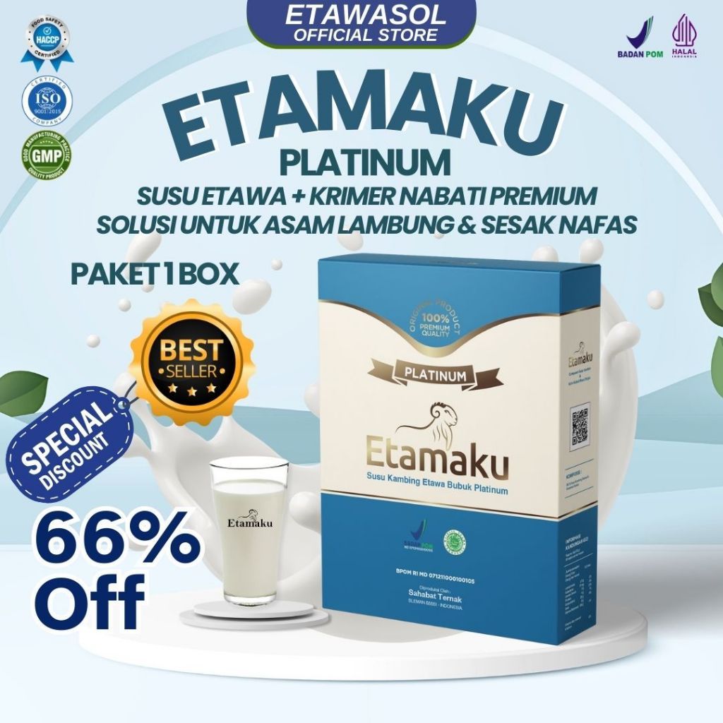 

Etamaku 1 Box - Susu Kambing Etawa Platinum - Efektif Untuk Atasi Keluhan Nyeri Sendi, Osteoporosis, Rematik, Asam Urat - Susu Kambing Etawa Untuk Keluhan Pernafasan, Asam Lambung, Maagh Resmi Bpom