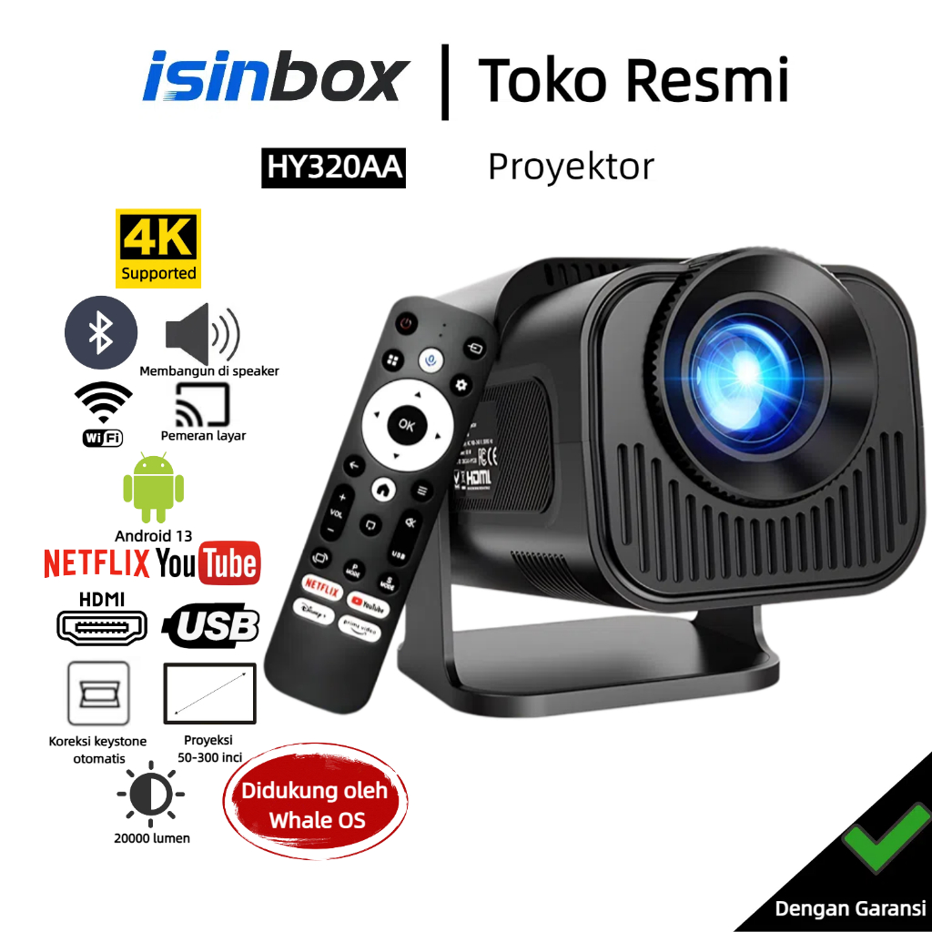 iSinbox HY320AA Proyektor TV LCD 20000 Lumens Proyektor Portabel 4K Android 13 Wifi 6 Bluetooth deng