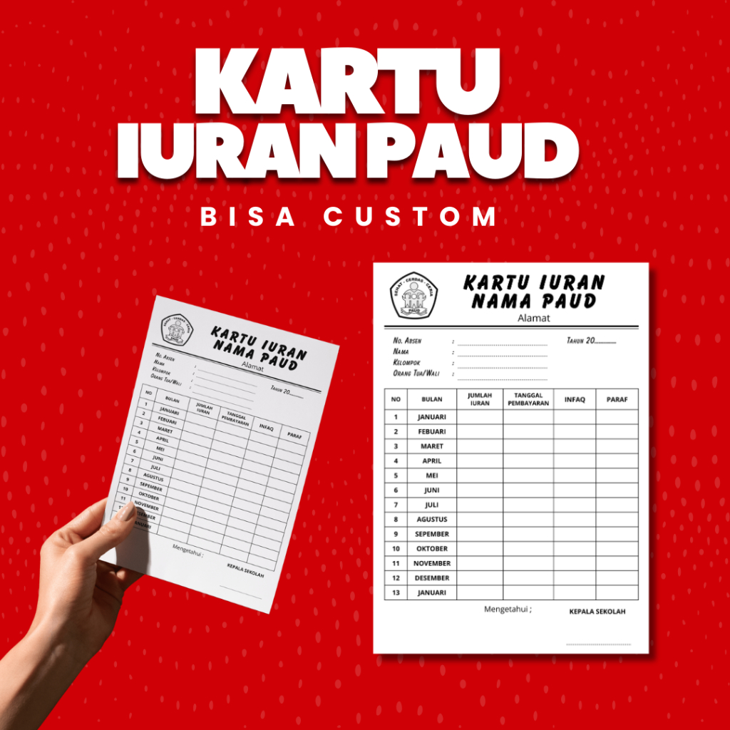 CUSTOM KARTU IURAN PAUD TK RT RW BULANAN