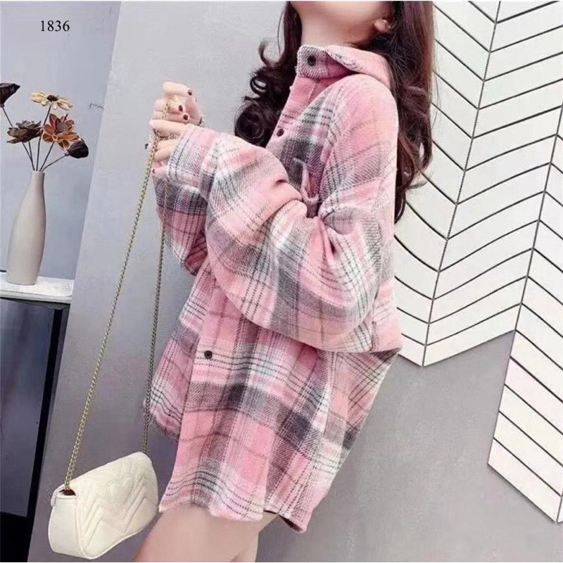 Kemeja Wanita Flanel IMPORT PREMIUM Oversize Bubble Sleeve Korea Style 1836