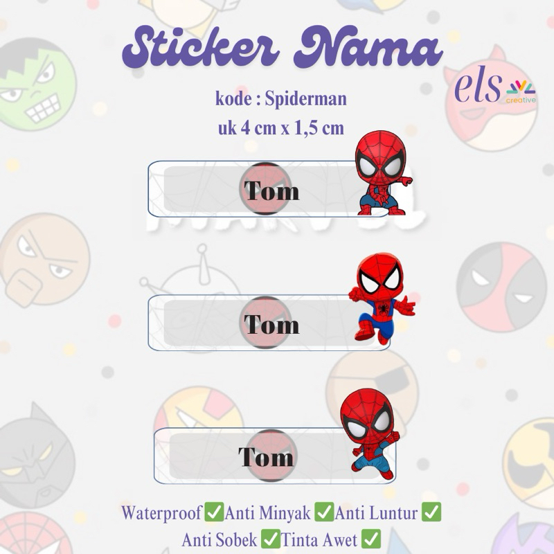 

Stiker Label Nama Anak Custom Premium Quality Print Karakter Marvel Spiderman Sticker Pack Waterproof Oilproof Promo Termurah Bandung Ready