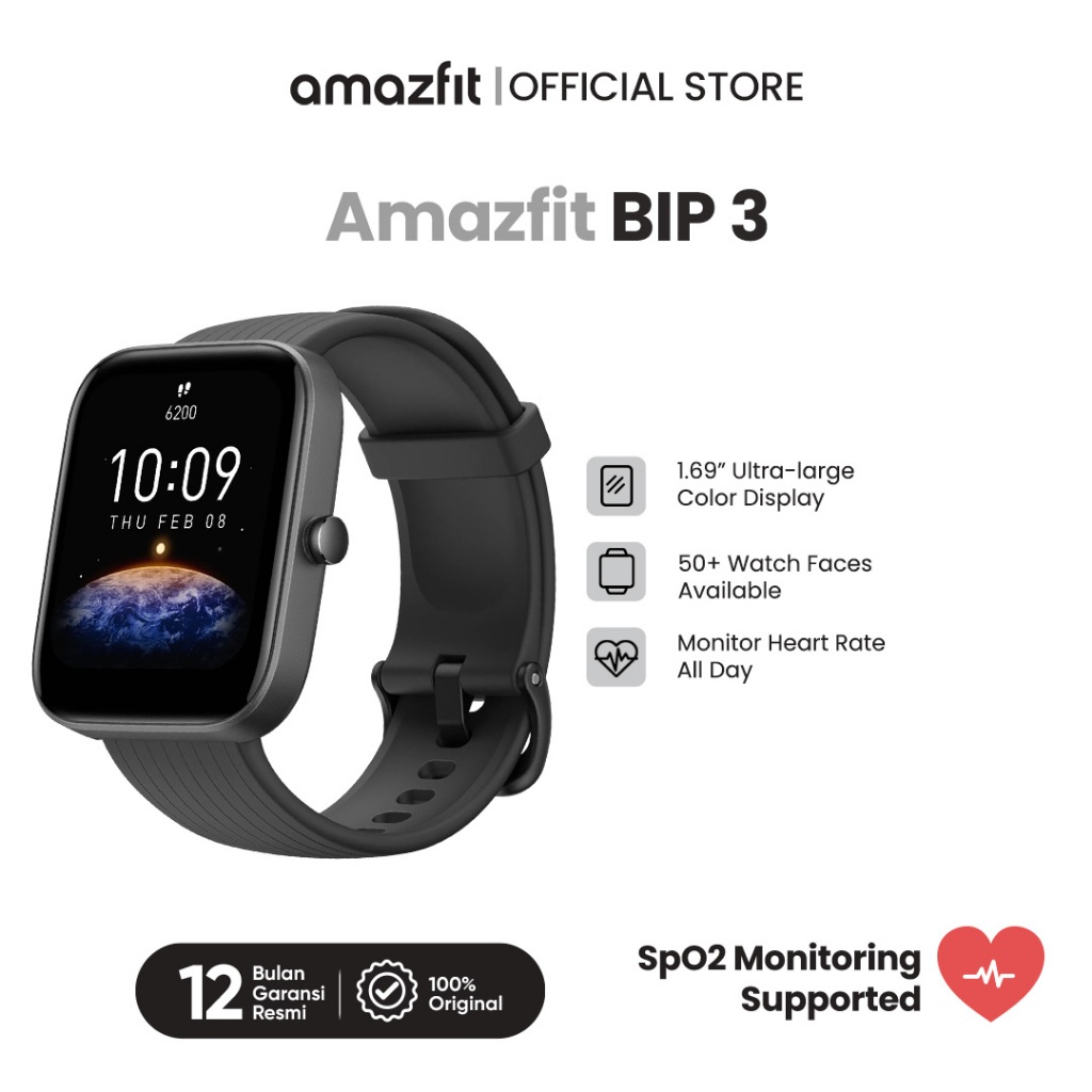 Amazfit Official Bip 3 Smartwatch 1.69" Ultra-large Color Display 50+ Watch Faces Blood-Oxygen Measu