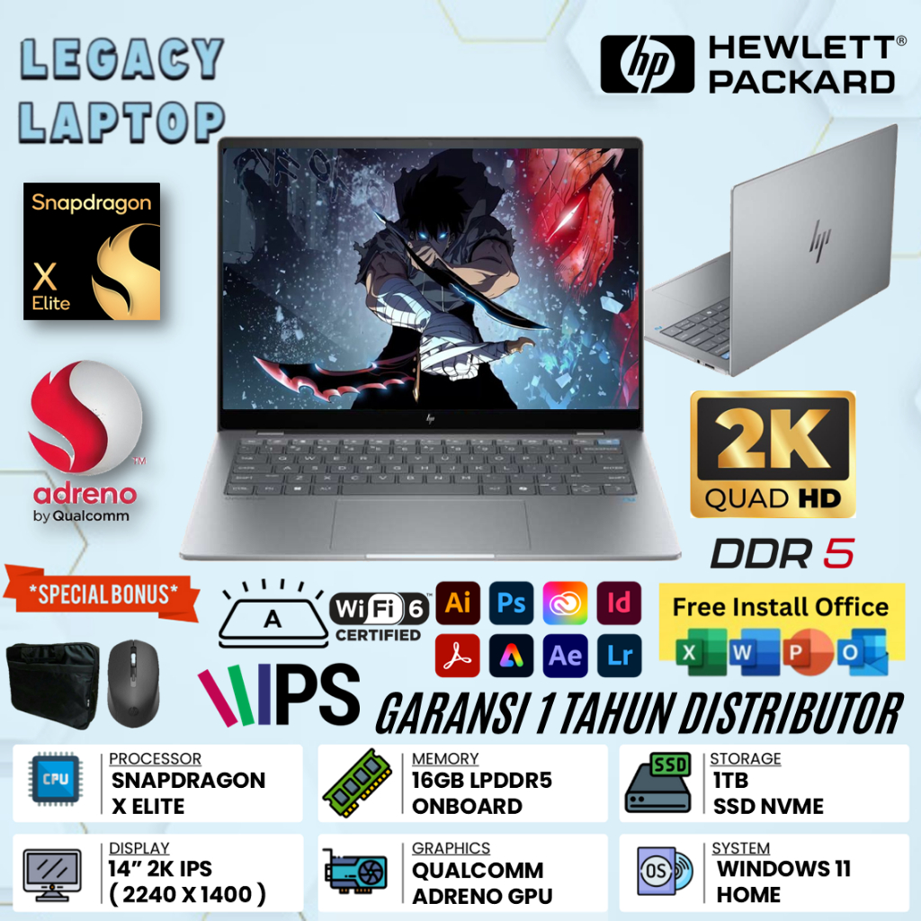 Laptop Hp Omnibook X 14 Snapdragon X Elite Ram 16GB 1TB SSD Qualcomm Adreno 14" 2K Touchscreen Win11