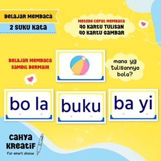 Kartu Pintar Membaca | Flashcard BELAJAR MEMBACA 2 SUKU KATA/ BERMAIN dan MEMBACA (80 KARTU)