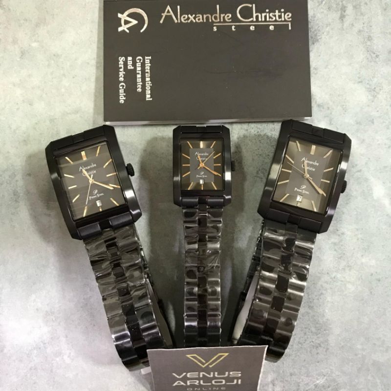 Jam Alexandre Christie AC 1019 LD/MD BIP Couple Wanita Pria Rantai Hitam Segi