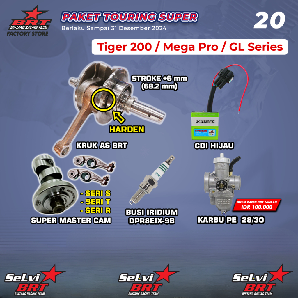 PAKET TOURING BRT KRUK AS CDI POWERMAX KARBURATOR PE 28/30 BUSI IRIDIUM MASTER CAM NOKEN AS TIGER ME