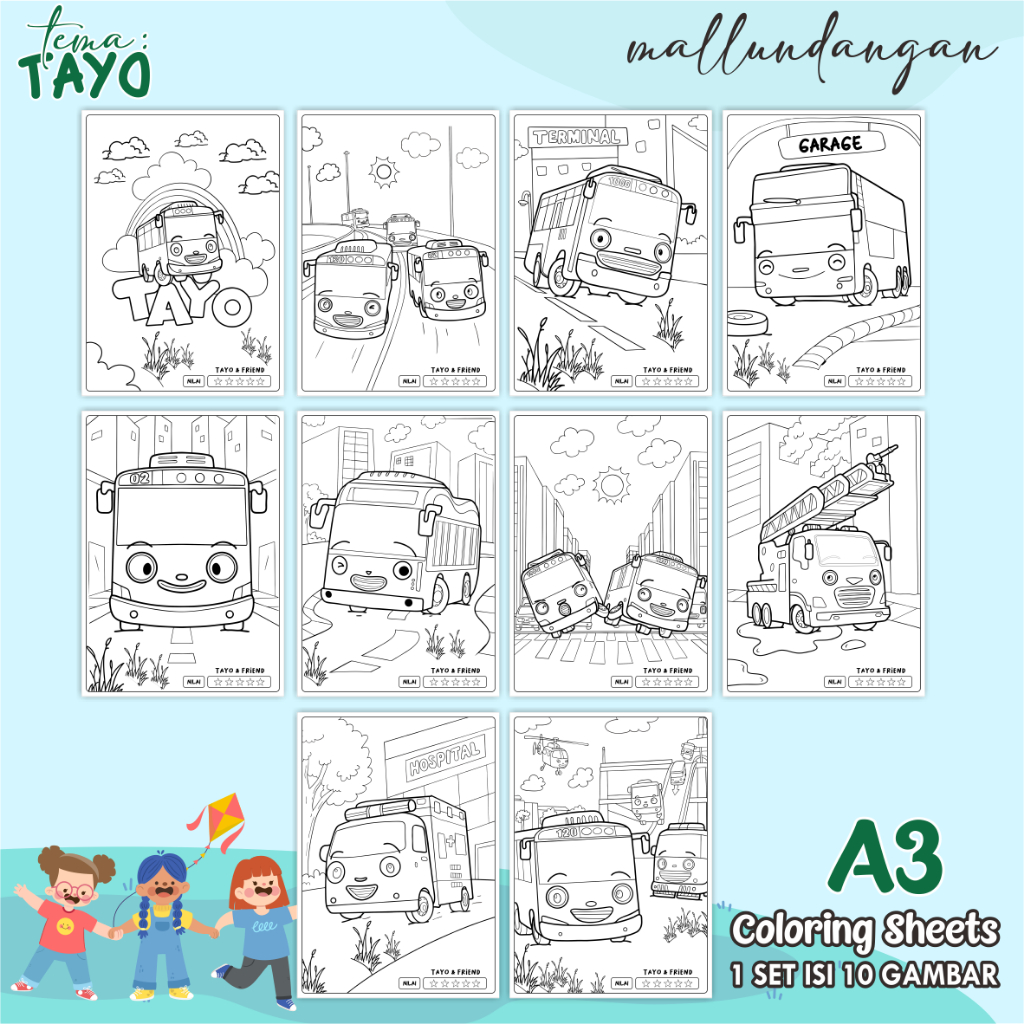 

LEMBARAN MEWARNAI ANAK A3 - TEMA TAYO - PAPER COLORING SHEETS FOR KIDS