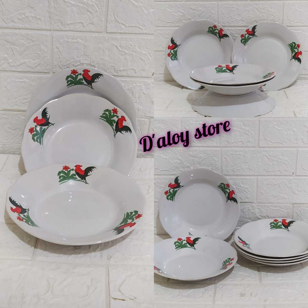 6Pcs Piring Makan Ayam Jago Lucky/Piring Makan Keramik Lucky/Piring Jago/Piring Makan Keramik Murah