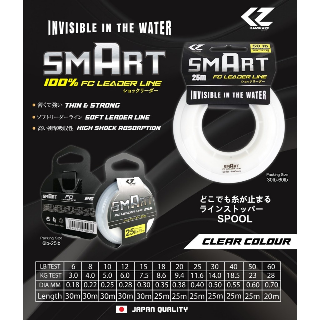 Kamikaze SMART 100% Fluorocarbon Leader - Senar Pancing Leader FC Terbaik Japan Quality Tali siluman