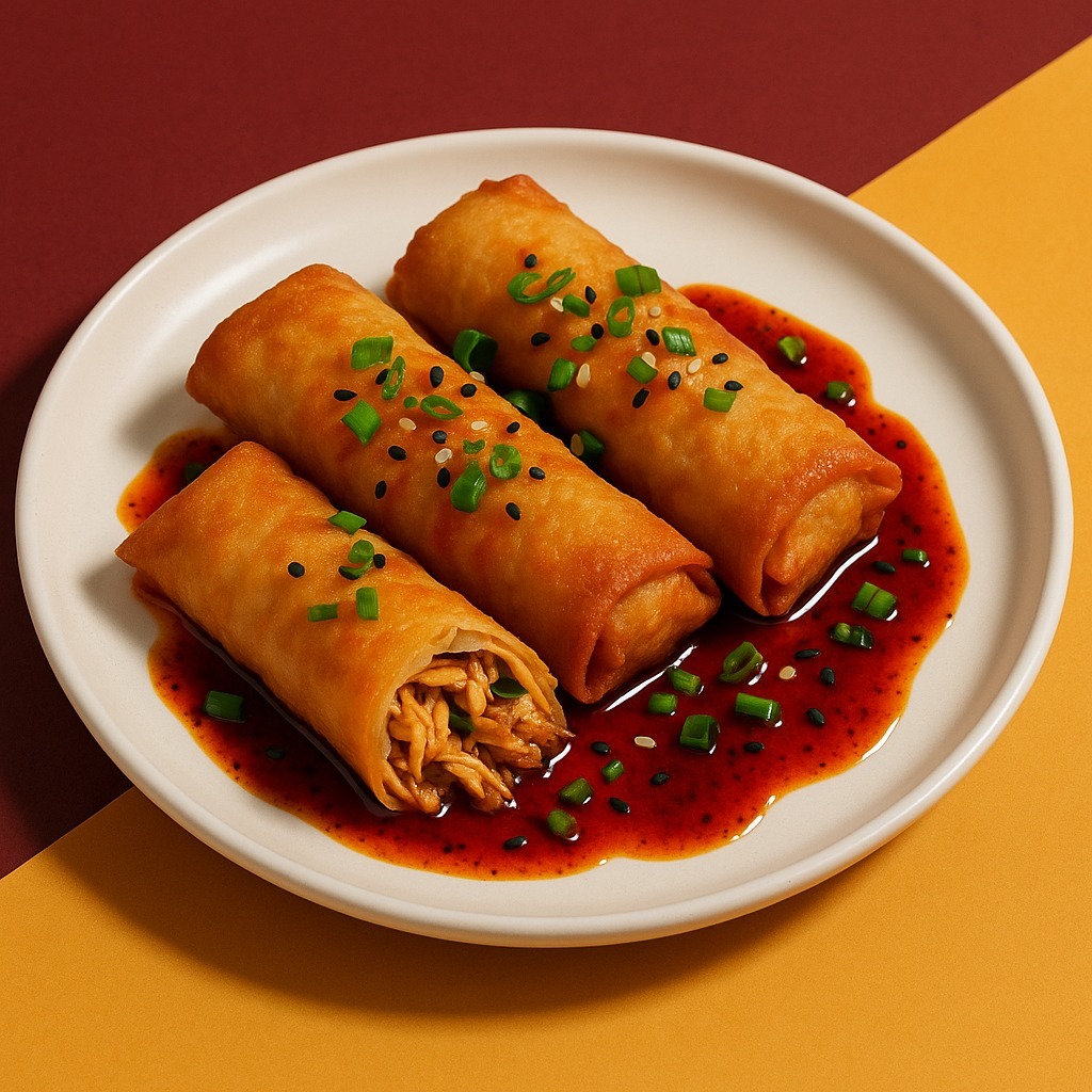 

lumpia ayam suwir pedas dengan chili oil