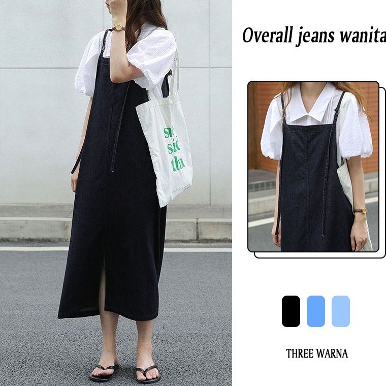 Terbaru  kekinian factory  Ready stok overall korean style wanita long dress overall jeans hitam dre