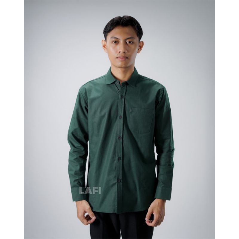Kemeja Cowok Lengan Panjang Polos | Katun Cigaret Premium | Hijau Botol | Slim Fit | Formal Santai