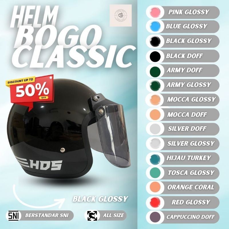 HELM BOGO Classic Half Face Retro HDS Helmet Motor Dewasa Pria Wanita Hijabers Stylish