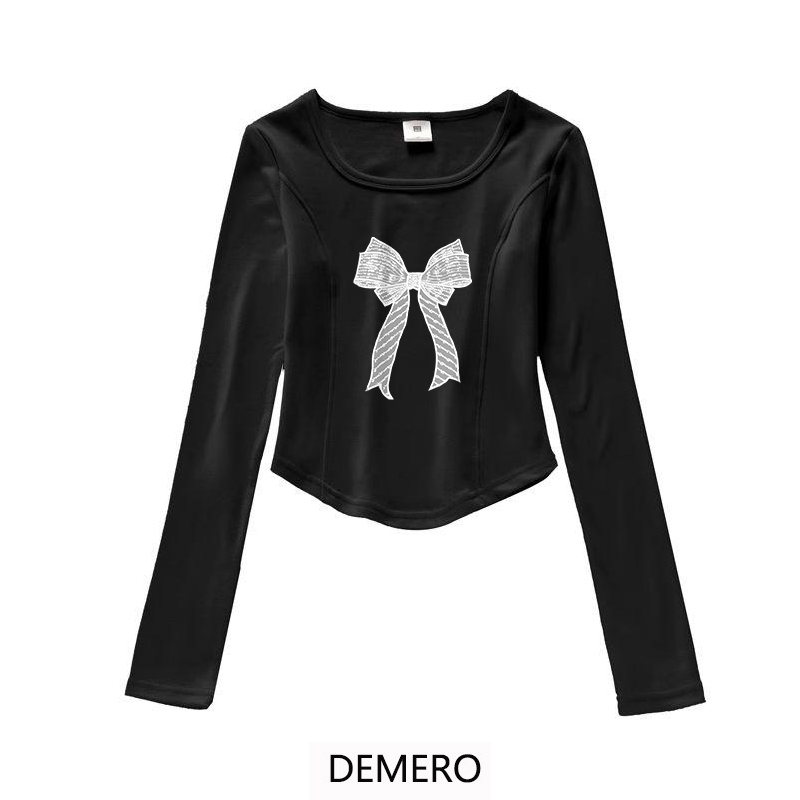 Demero Atasan Wanita Korea Terbaru | Pola Cetak Pita | Atasan Pendek Lengan Panjang | Kaos Wanita Ke