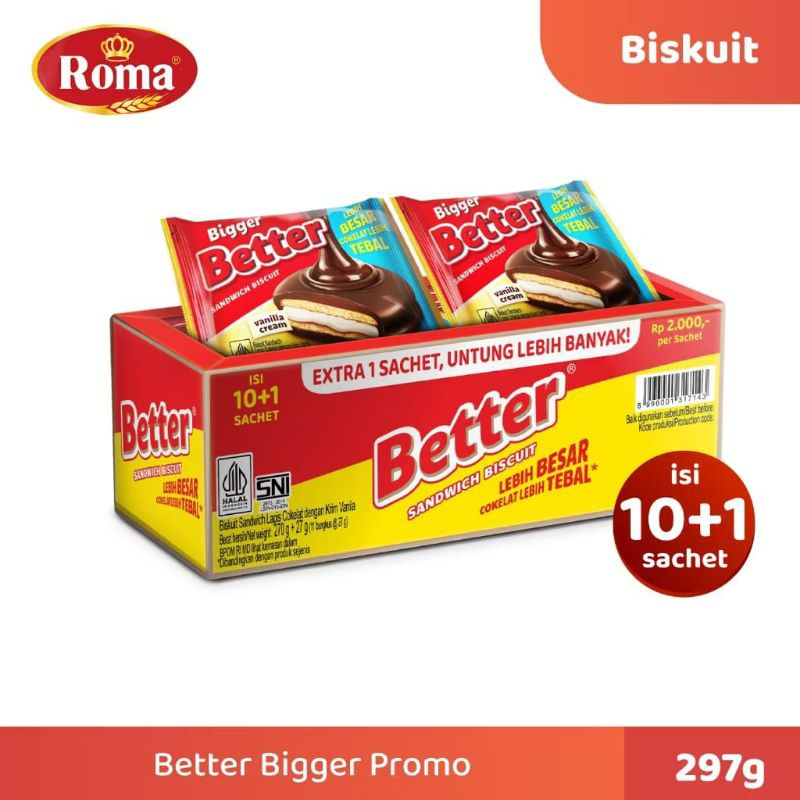 

Roma Biskuit Bigger Better Sandwich Vanilla 1 renteng beter [27 gr x 10s]