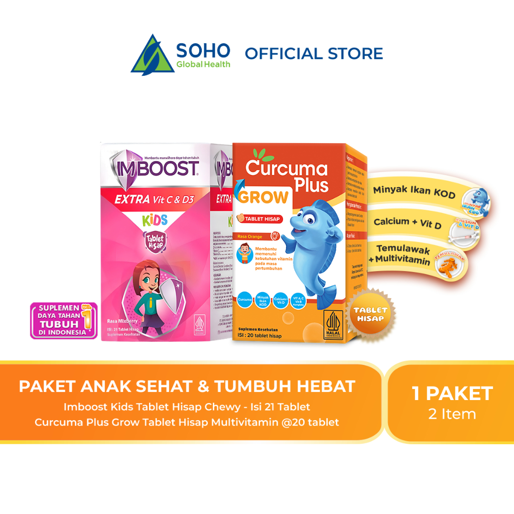 Paket Anak Sehat Tumbuh Hebat - Imboost Kids Tablet Hisap Chewy 1 Botol dan Curcuma Plus Grow Tablet
