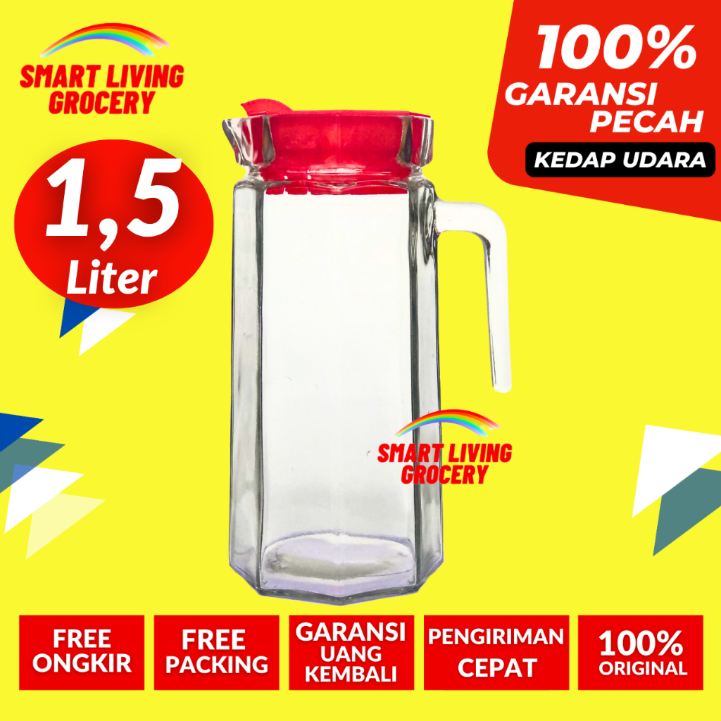 PITCHER GELAS SEGI LIMA Tempat Wadah Minuman Teko Beling Kaca 1,5 L Motif Ayam Jago Kukuruyuk 1500ml