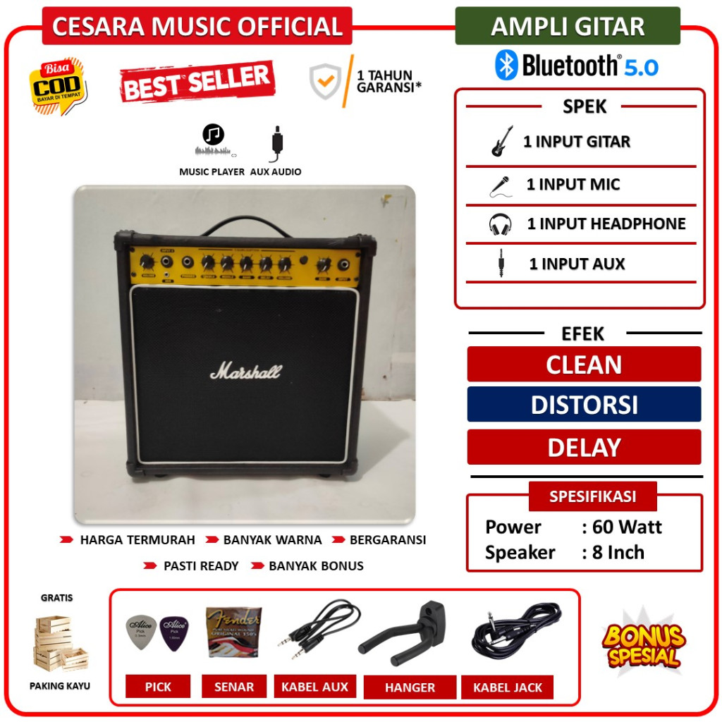 Ampli gitar & bass 8 Inch 3 input ada bluetooth bisa untuk karaoke ada efek distorsi delay termurah