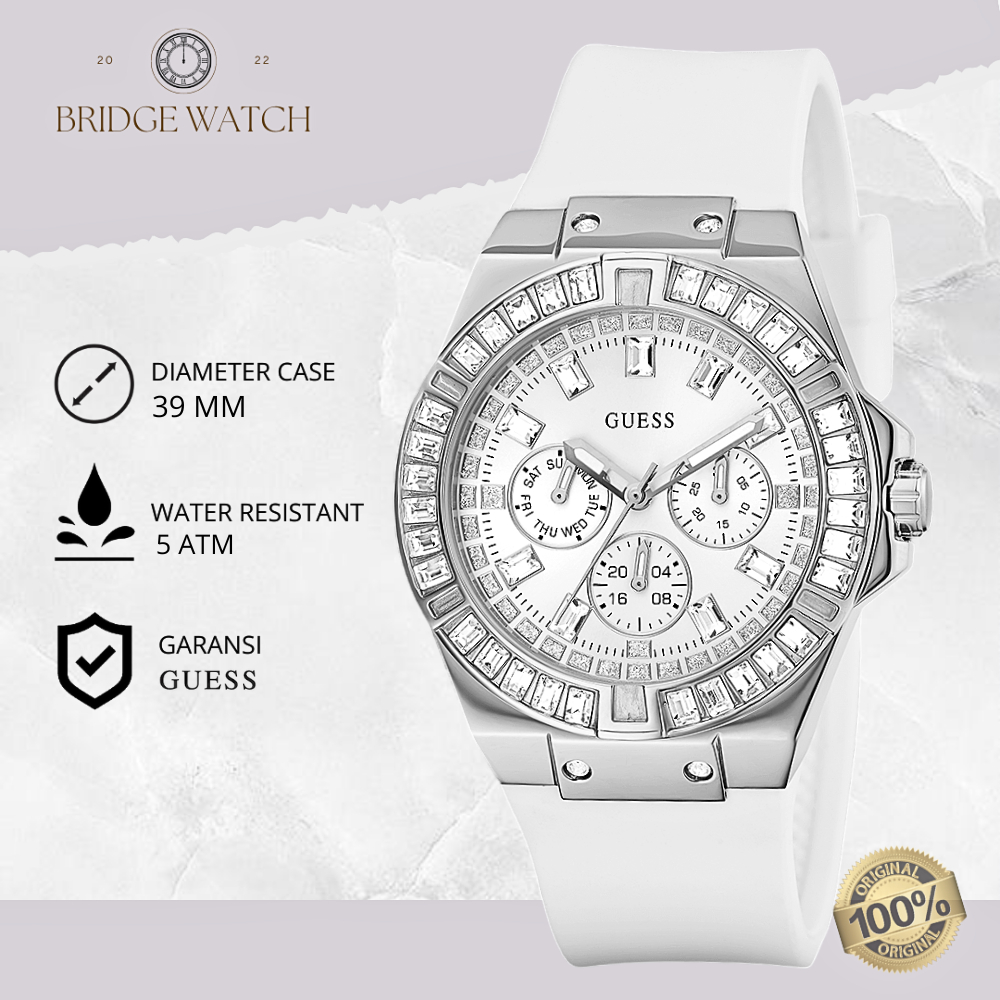 Jam Tangan Wanita Guess GW0118L3 Venus Original Chronograph Silver Case White Rubber Strap Putih Dia