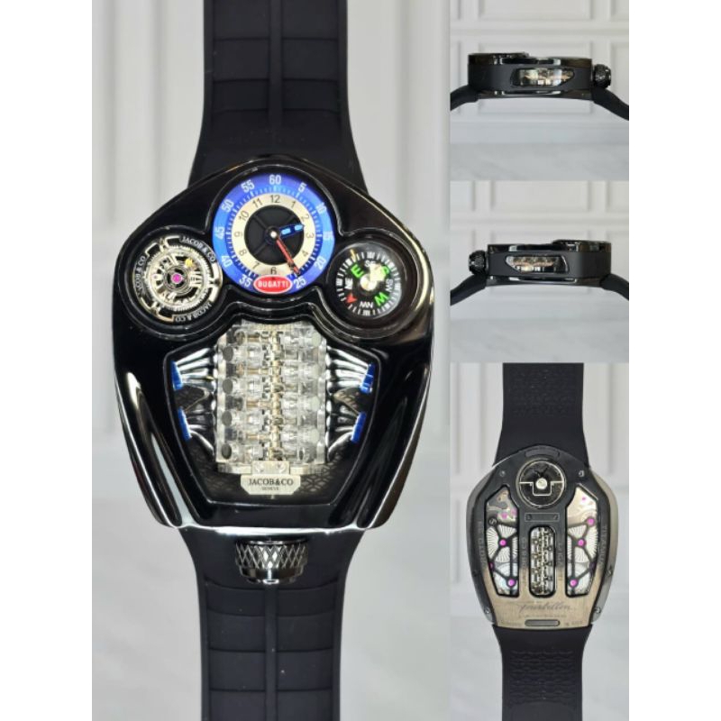 Jam tangan Swiss Quartz Baterai JACOB & CO Bugatti Tourbi Compas Rubber strap