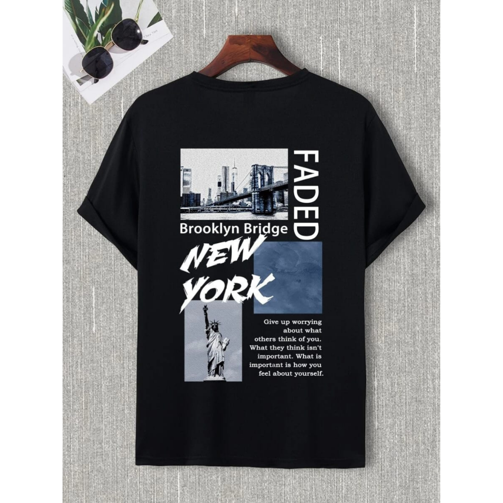 Kaos New York Hitam Sablon Depan Belakang Keren / Kaos Cowok Distro