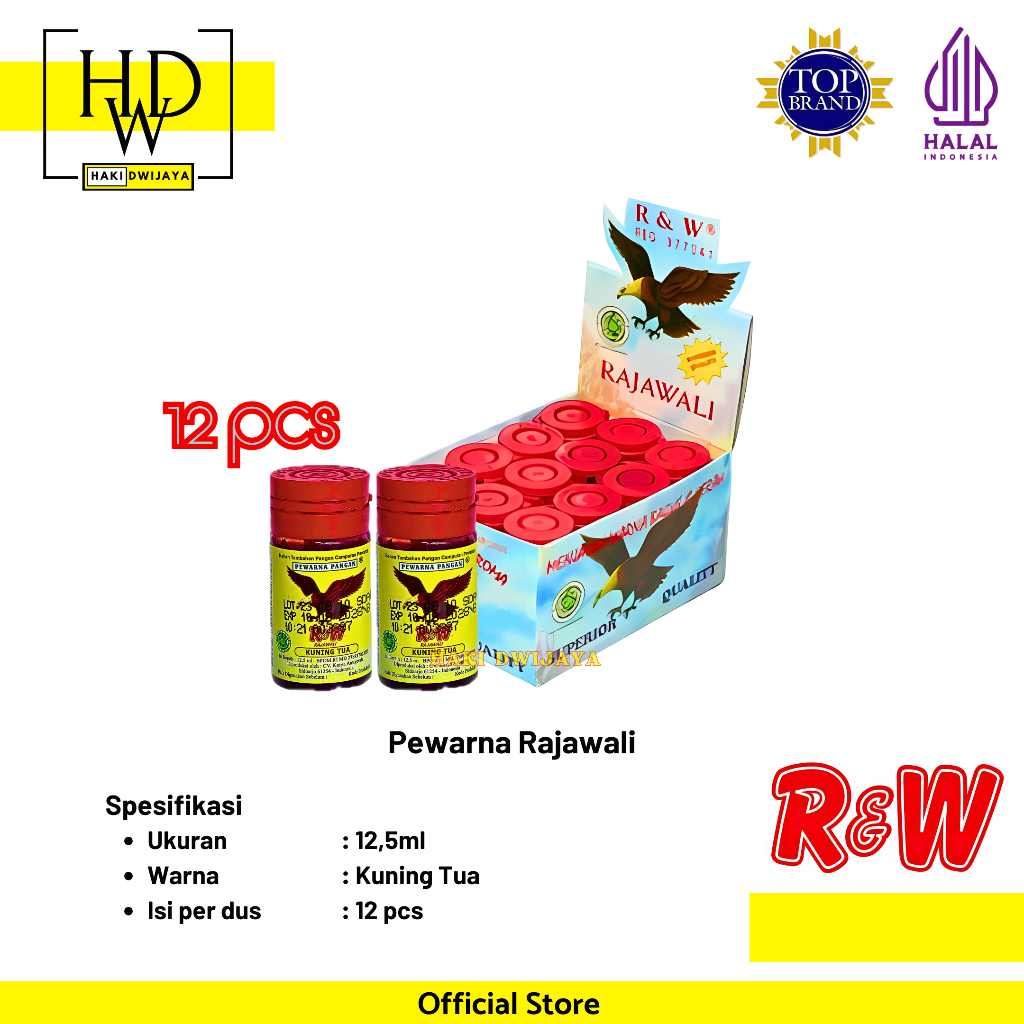 

Rajawali Pewarna Makanan Minuman Kue R&W Botol 12,5ml x 12pcs Warna Kuning Tua