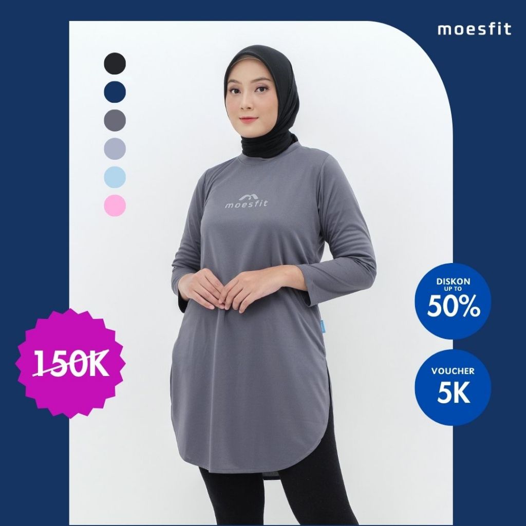 𝐌𝐎𝐄𝐒𝐅𝐈𝐓 - Maira Tunik Sport Atasan Olahraga Wanita Muslimah Abu Tua Dry Fit