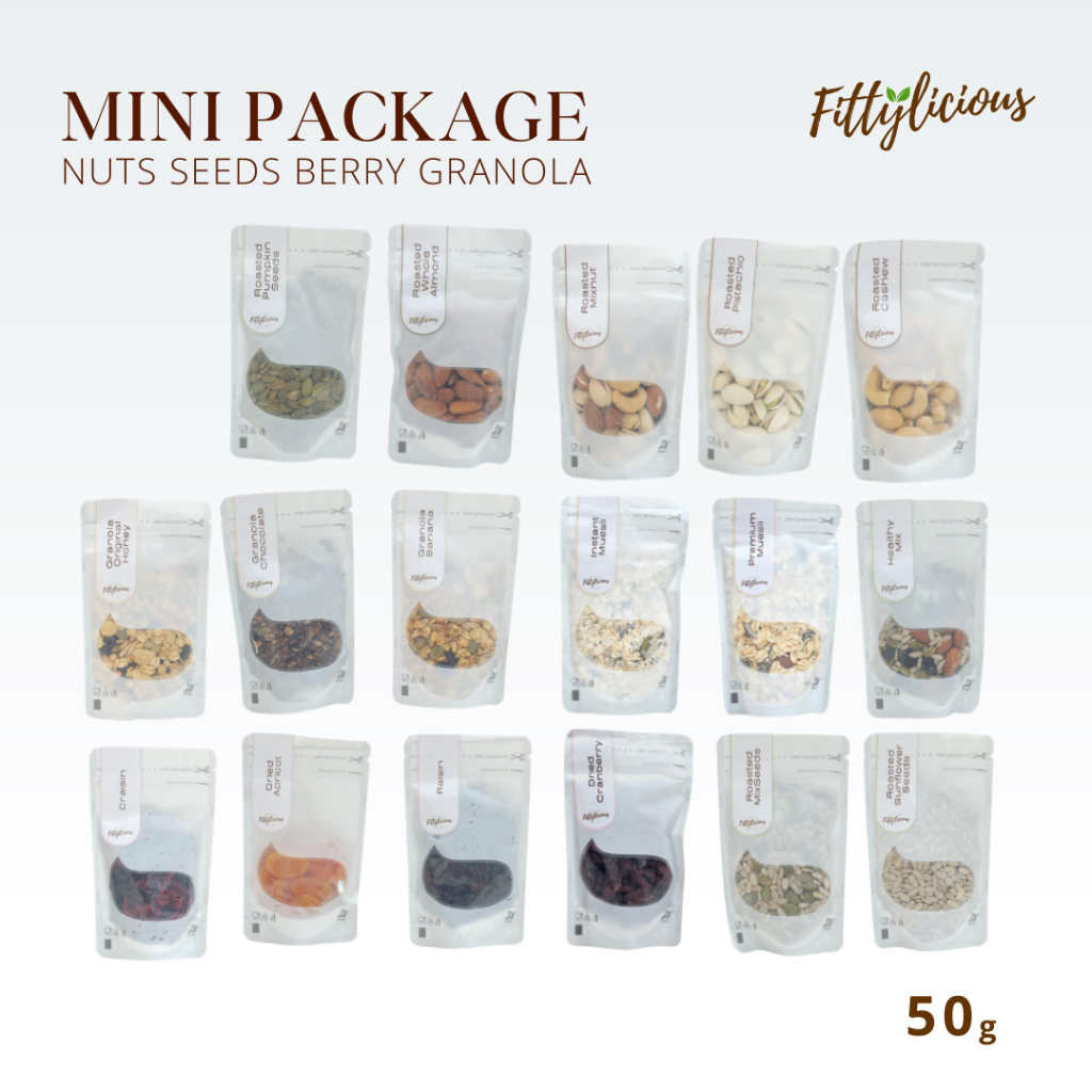 

fittylicious Nuts Seeds and Berry Mini Package 50 Gr / Apricot / Granola / Almond / Cashew / Madu / Trail Mix / Flaxseed
