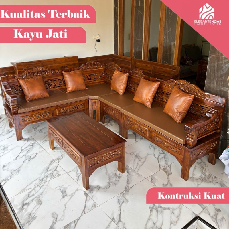 kursi ruang tamu sudut , kursi sudut tamu jati , kursi sudut jati, kursi domini, kursi tamu minimali