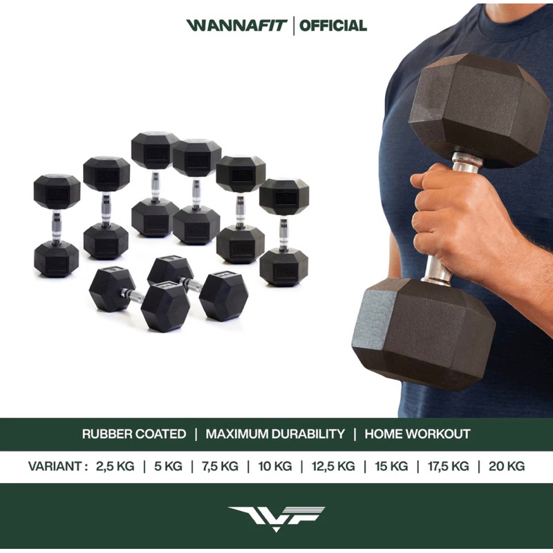 WANNAFIT DUMBBELL HEXAGONAL ALL WEIGHT VARIAN 5kg 7,5 kg 10 kg 12,5 kg 15 kg 17,5 kg || dumbell damb